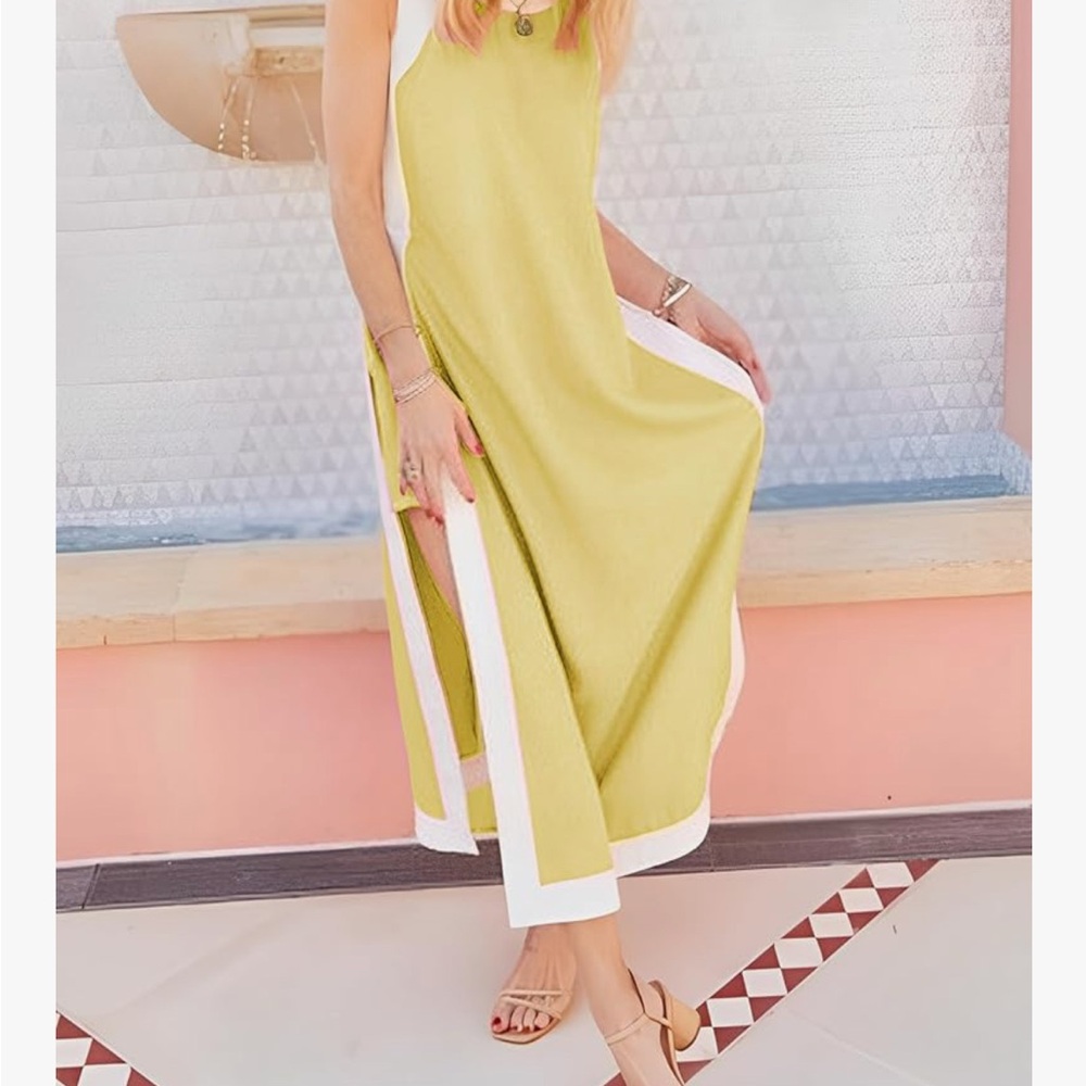 Yellow and White Maxi Dress with Shorts for wide, fun slits on sides